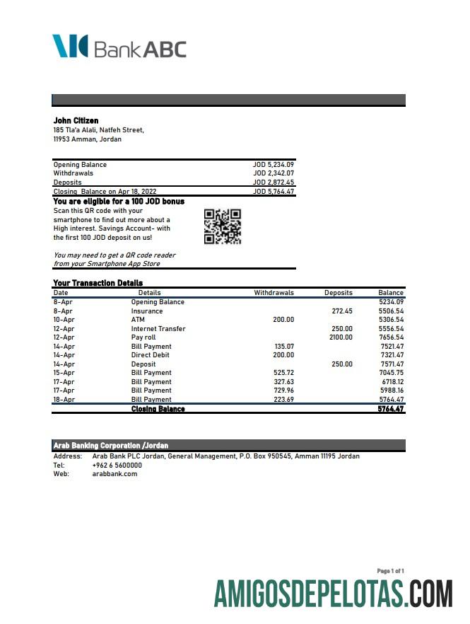 Exemplo de extrato bancário Jordan ABC Xls